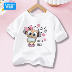 Cartoon Music Owl Print T Shirt Girls - Image 5