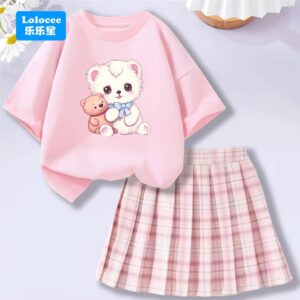 Baby Girls Cartoon Bear T-shirt + Pleated Skirt